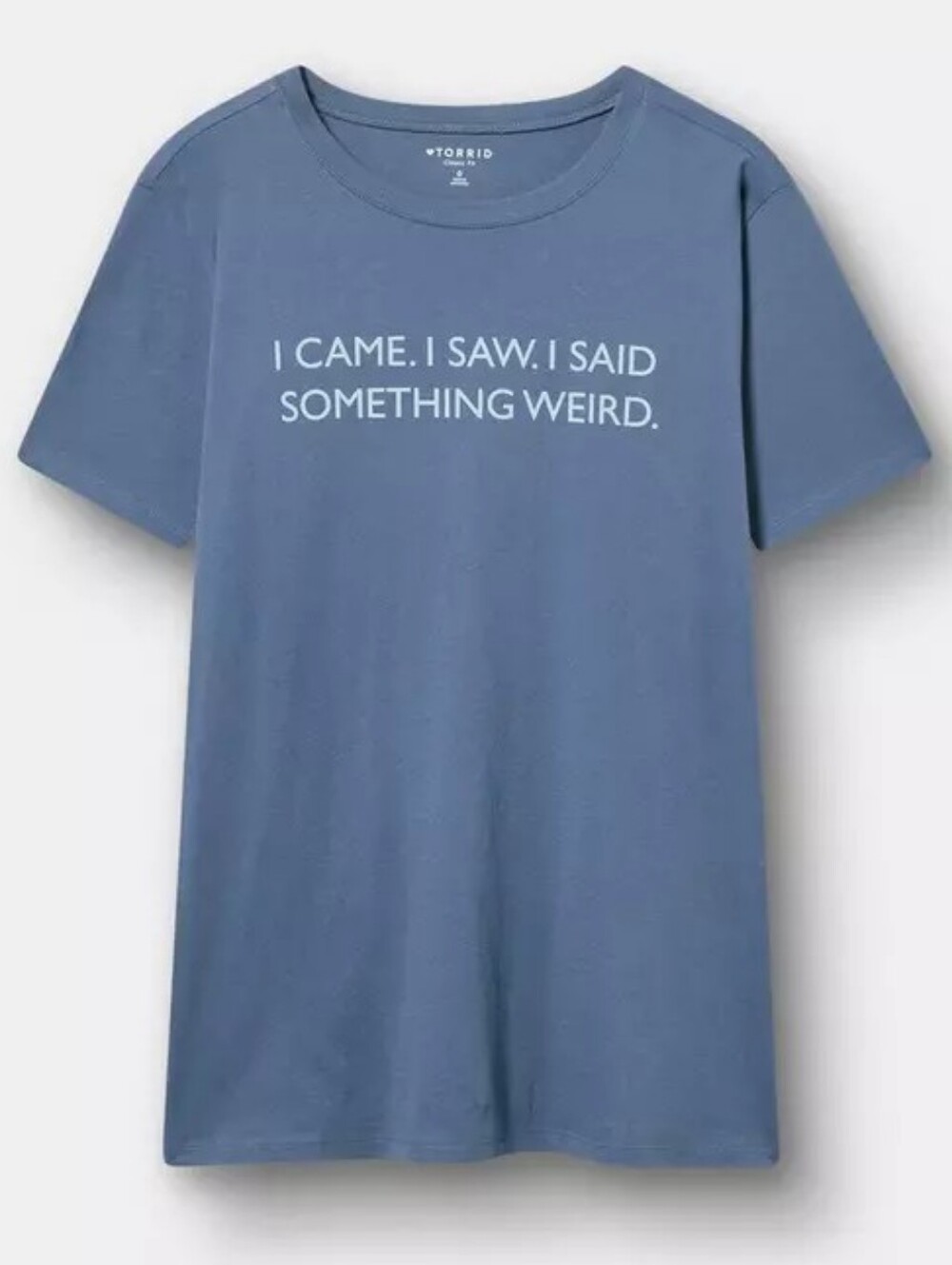 Torrid Classic Fit Heritage Jersey Crew Tee "Came And Saw" in Blue, Size 1X NWOT